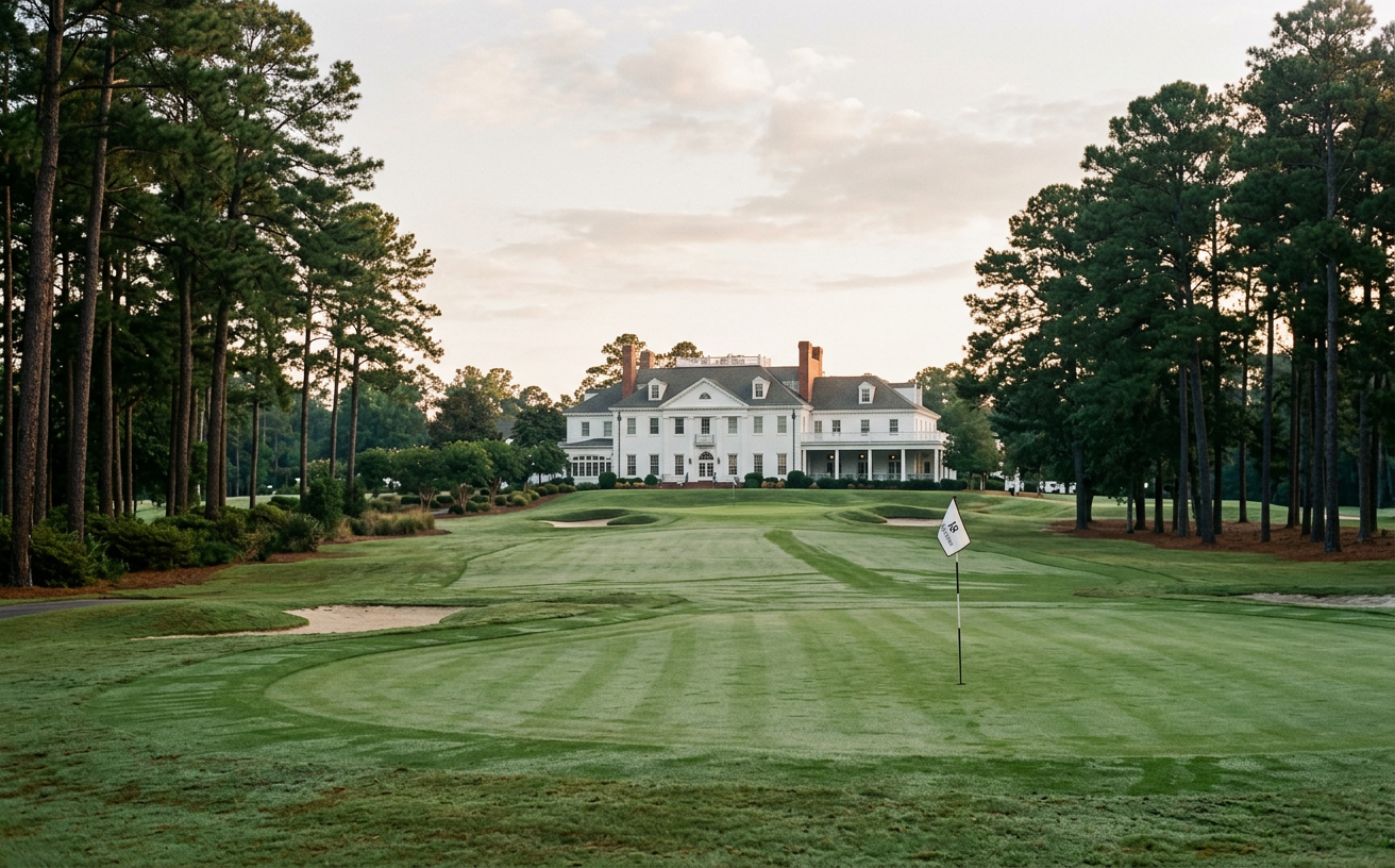 A pine-lined fairway leading to a white clubhouse in the North Carolina Sandhills at dusk.